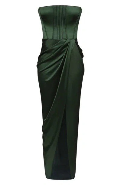House Of Cb Carelle Lace-up Strapless Satin Sheath Cocktail Dress In Green