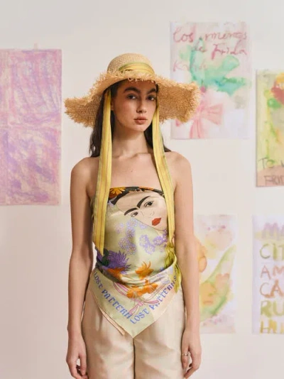 Lost Pattern Nyc Frida X Lost Pattern "frida's Garden" Straw Hat With Ribbon Tie In Gold