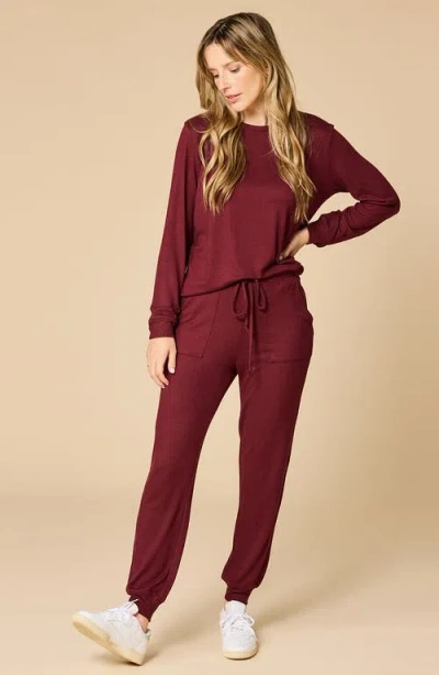 Softies Dream Jersey Long Sleeve Crew Neck Lounge Set With Jogger Pant In Burgundy