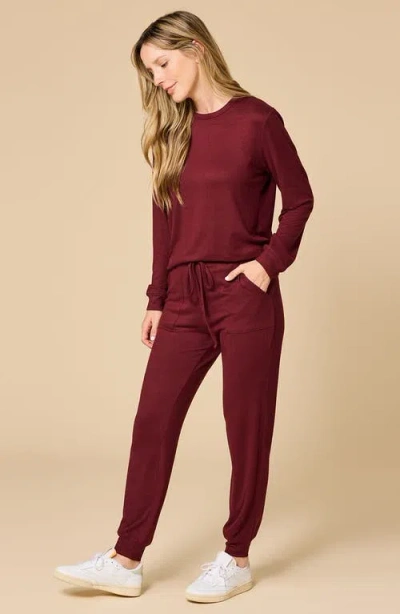 Softies Dream Jersey Long Sleeve Crew Neck Lounge Set With Jogger Pant In Burgundy