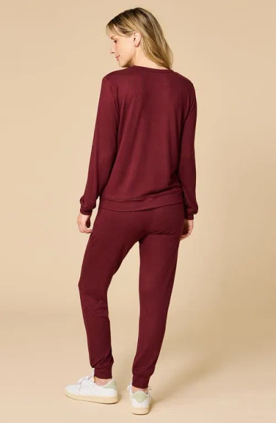 Softies Dream Jersey Long Sleeve Crew Neck Lounge Set With Jogger Pant In Burgundy
