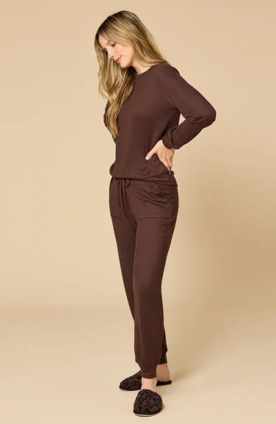 Softies Dream Jersey Long Sleeve Crew Neck Lounge Set With Jogger Pant In Brown