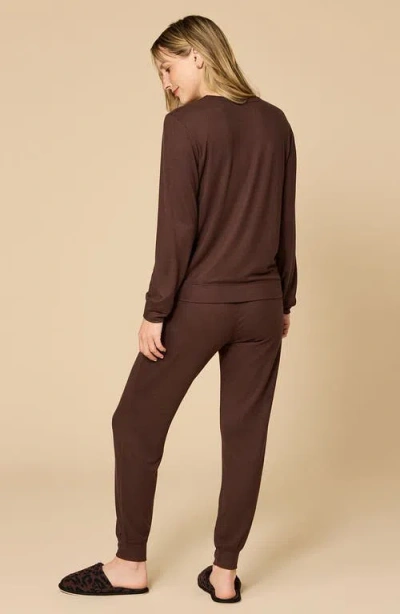 Softies Dream Jersey Long Sleeve Crew Neck Lounge Set With Jogger Pant In Brown