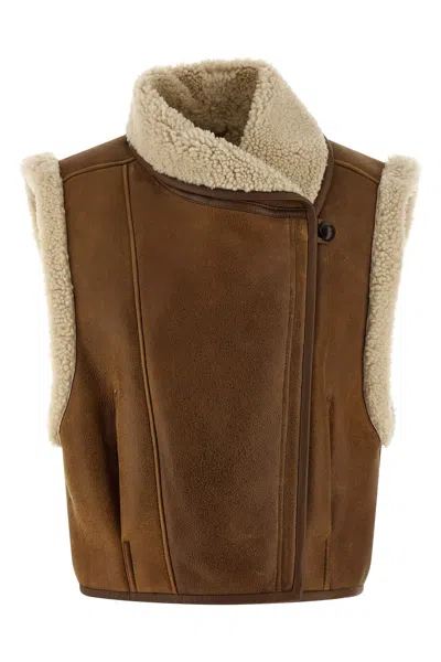 Isabel Marant Alime Shearling-trimmed Leather Sleeveless Jacket In Brown