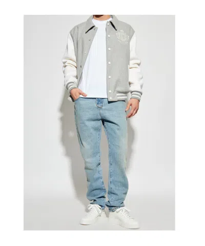 Balmain Gray Bicolor Wool Varsity Bomber Jacket In Gray