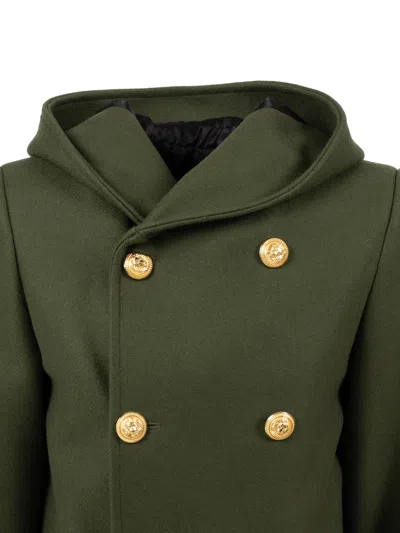 Balmain Double-breasted Hooded Jacket In Green