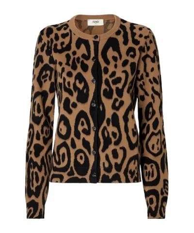 Fendi Beige And Black  Leo Wool And Cashmere Cardigan In Multi