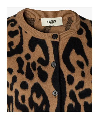 Fendi Beige And Black  Leo Wool And Cashmere Cardigan In Multi