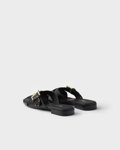 Prada Leather Crisscross Slides With Buckle Shoes In Black