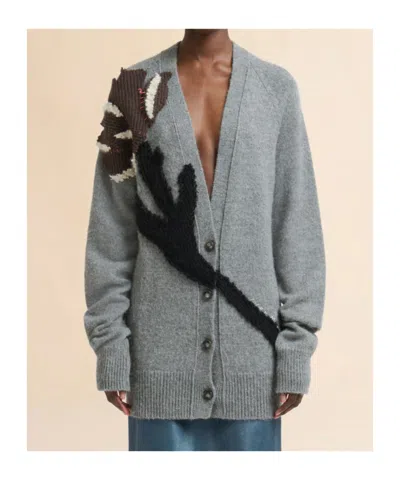 Marni Grey Alpaca Wool Cardigan With Flower Patch In Gray