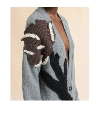 Marni Grey Alpaca Wool Cardigan With Flower Patch In Gray