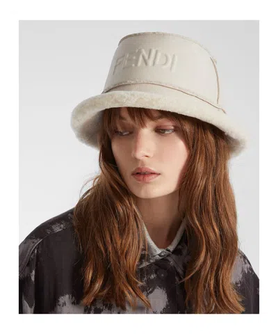 Fendi Ivory Nappa Shearling Bucket Hat In Neutral