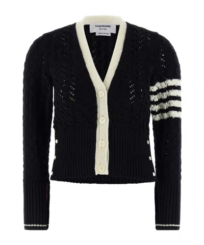 Thom Browne 4-bar Pointelle Cable Virgin Wool Cardigan In Black
