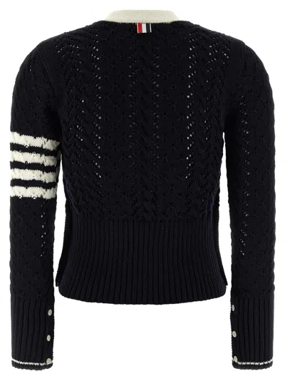 Thom Browne 4-bar Pointelle Cable Virgin Wool Cardigan In Black