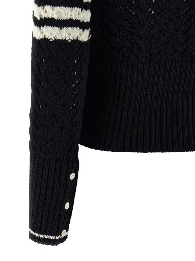 Thom Browne 4-bar Pointelle Cable Virgin Wool Cardigan In Black