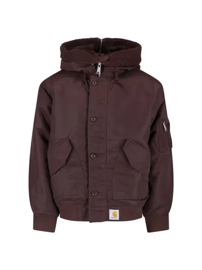 Carhartt Medium-weight Nylon Bomber Jacket With Detachable Fleece Flap In Brown
