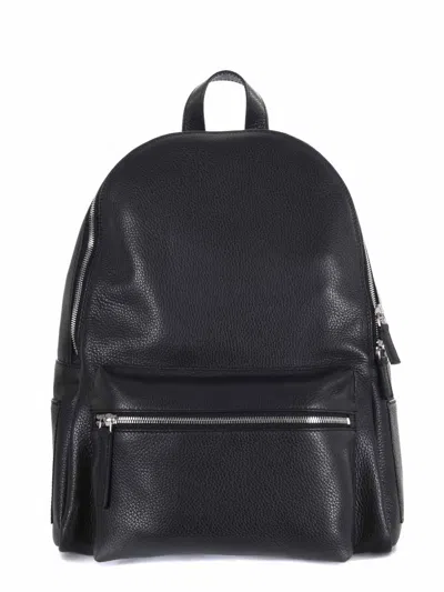 Orciani Rounded Black Pelle Backpack With Adjustable Straps In Black