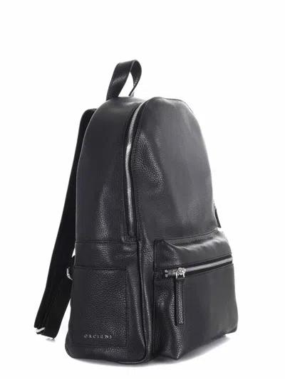 Orciani Rounded Black Pelle Backpack With Adjustable Straps In Black