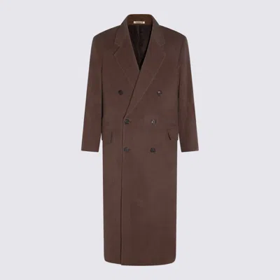 Auralee Long Double-breasted Coat Notched Lapels In Brown