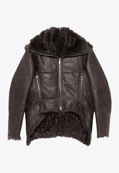 Rick Owens Shearling Zip-up Exploder Jacket In Brown