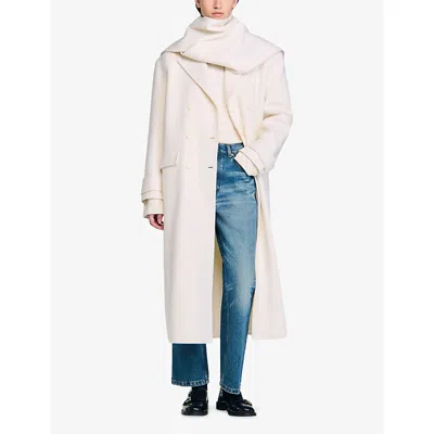 Sandro Womens Ecru Integrated-scarf Relaxed-fit Wool Coat In White