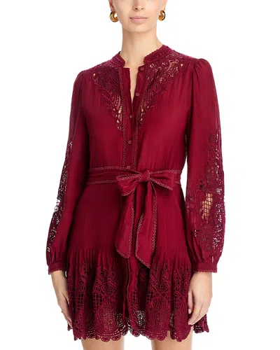 Farm Rio Long Sleeve Lace Detail Mini Dress In Burgundy