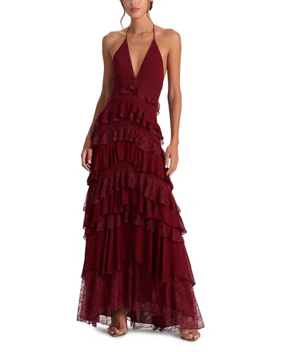 Alice And Olivia Liana V Neck Ruffle Maxi Dress In Burgundy