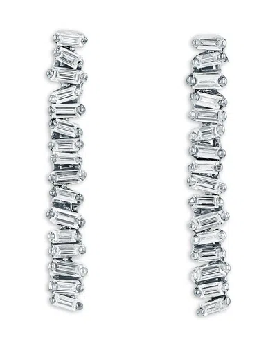 Suzanne Kalan 18k White Gold Classic Diamond Baguette Linear Baby Tennis Earrings In Metallic