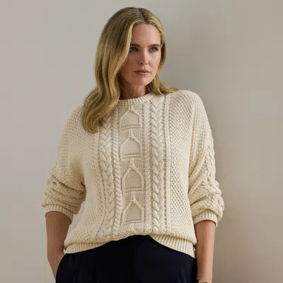 Lauren Woman Ralph Lauren Cable-knit Cotton Crewneck Sweater In Brown