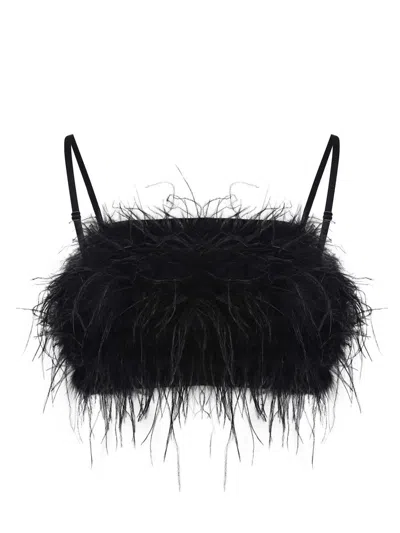 Pinko Crop Top With Feather Detailing In Black