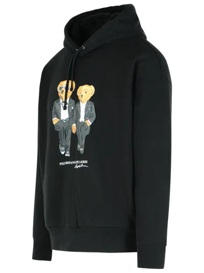 Polo Ralph Lauren Hooded Sweatshirt Featuring Bear Graphic And Ribbed Cuffs In Black