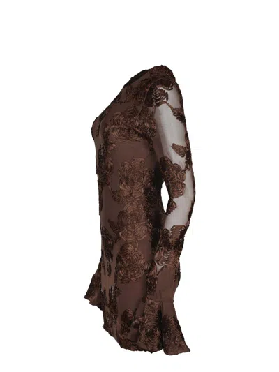 Rotate Birger Christensen Brown Crewneck Mini Dress With Flared Long Sleeves In Tech Fabric Stretch Woman In Brown