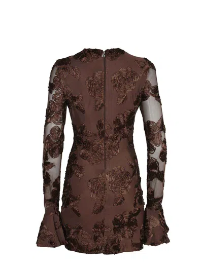 Rotate Birger Christensen Brown Crewneck Mini Dress With Flared Long Sleeves In Tech Fabric Stretch Woman In Brown
