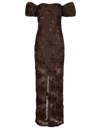 Rotate Birger Christensen Brown Long Dress With Removable Short Sleeves And All-over Floral Embroidery In Tech Fabric Stretch  In Brown