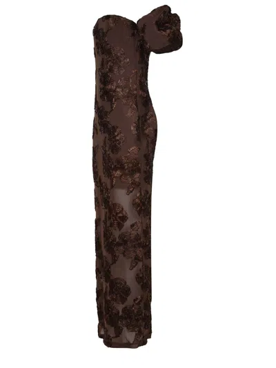 Rotate Birger Christensen Brown Long Dress With Removable Short Sleeves And All-over Floral Embroidery In Tech Fabric Stretch  In Brown