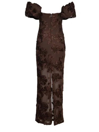 Rotate Birger Christensen Brown Long Dress With Removable Short Sleeves And All-over Floral Embroidery In Tech Fabric Stretch  In Brown