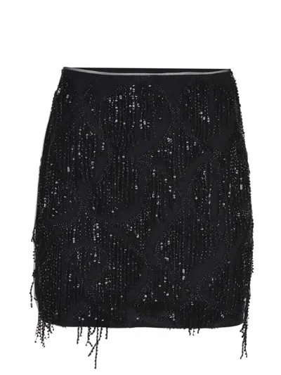 Rotate Birger Christensen Black Mini Skirt With Beaded Fringes In Black