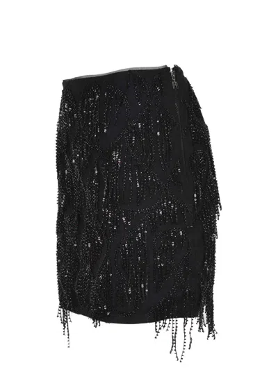 Rotate Birger Christensen Black Mini Skirt With Beaded Fringes In Black