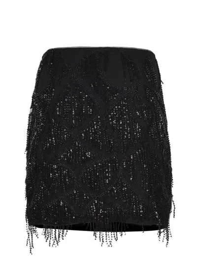 Rotate Birger Christensen Black Mini Skirt With Beaded Fringes In Black