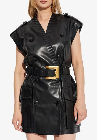 Balmain Lambskin Leather Short Belted Dress In Black