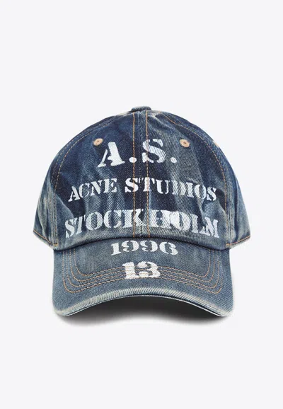 Acne Studios Logo-printed Washed-out Denim Cap In Blue