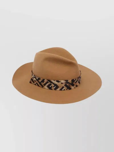 Fendi Stylish Wide Brim Hat With Decorative Band In Brown