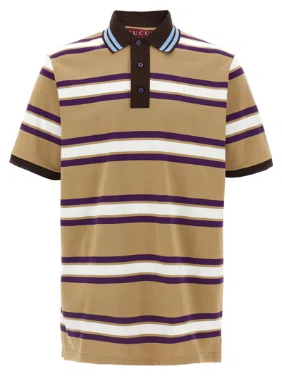 Gucci Beige Polo Shirt With Logo Imprinted On The Front And All-over Striped Motif In Cotton Man In Multi