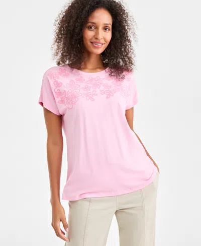 Style & Co Women's Soutache-trim Short-sleeve Knit T-shirt, Macy's Exclusive In Pink