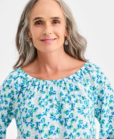 Charter Club Women's 100% Linen Tile On-off-shoulder 3/4-sleeve Top, Macy's Exclusive In Gray