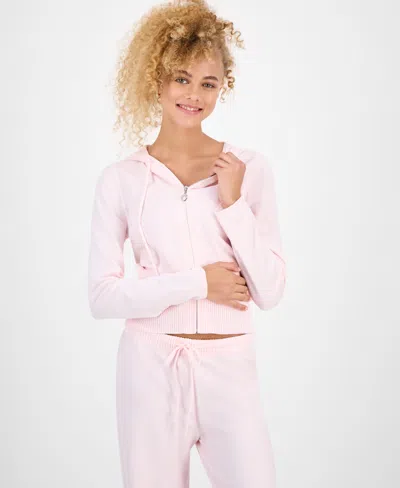 Hippie Rose Juniors' Chenille Zip-up Sweater Hoodie In Pink