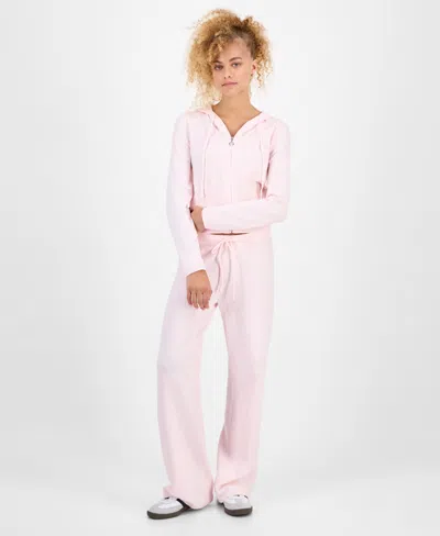 Hippie Rose Juniors' Chenille Zip-up Sweater Hoodie In Pink