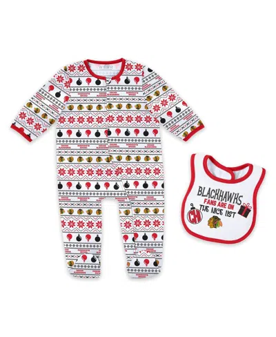 Wear By Erin Andrews Newborn 2-piece Chicago Blackhawks Allover Print Full-zip Sleeper And Bib Christmas Set In Multi