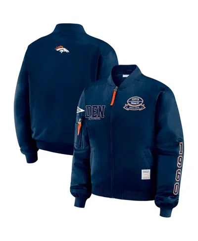 Wear By Erin Andrews Women's Navy Denver Broncos Patch Full-zip Bomber Jacket In Blue