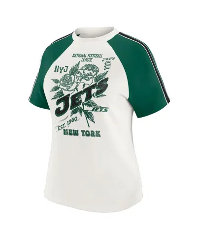 Wear By Erin Andrews Women's White New York Jets Sleeve Stripe Distressed Raglan T-shirt In Multi